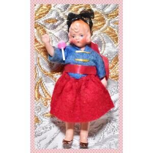 4” Hertwig German Miniature Doll Painted Bisque International Antique Felt Girl